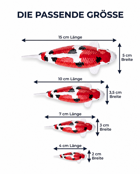 Größenübersicht der handbemalten Sanke Koi-Fischfigur in 15 cm, 10 cm, 7 cm und 4 cm Länge mit jeweiliger Breite