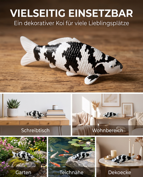 Handbemalte Shiro Utsuri Koi-Fischfigur in Schwarz und Weiß als vielseitige Dekoration für Schreibtisch, Wohnbereich, Garten, Teichnähe und Dekoecke