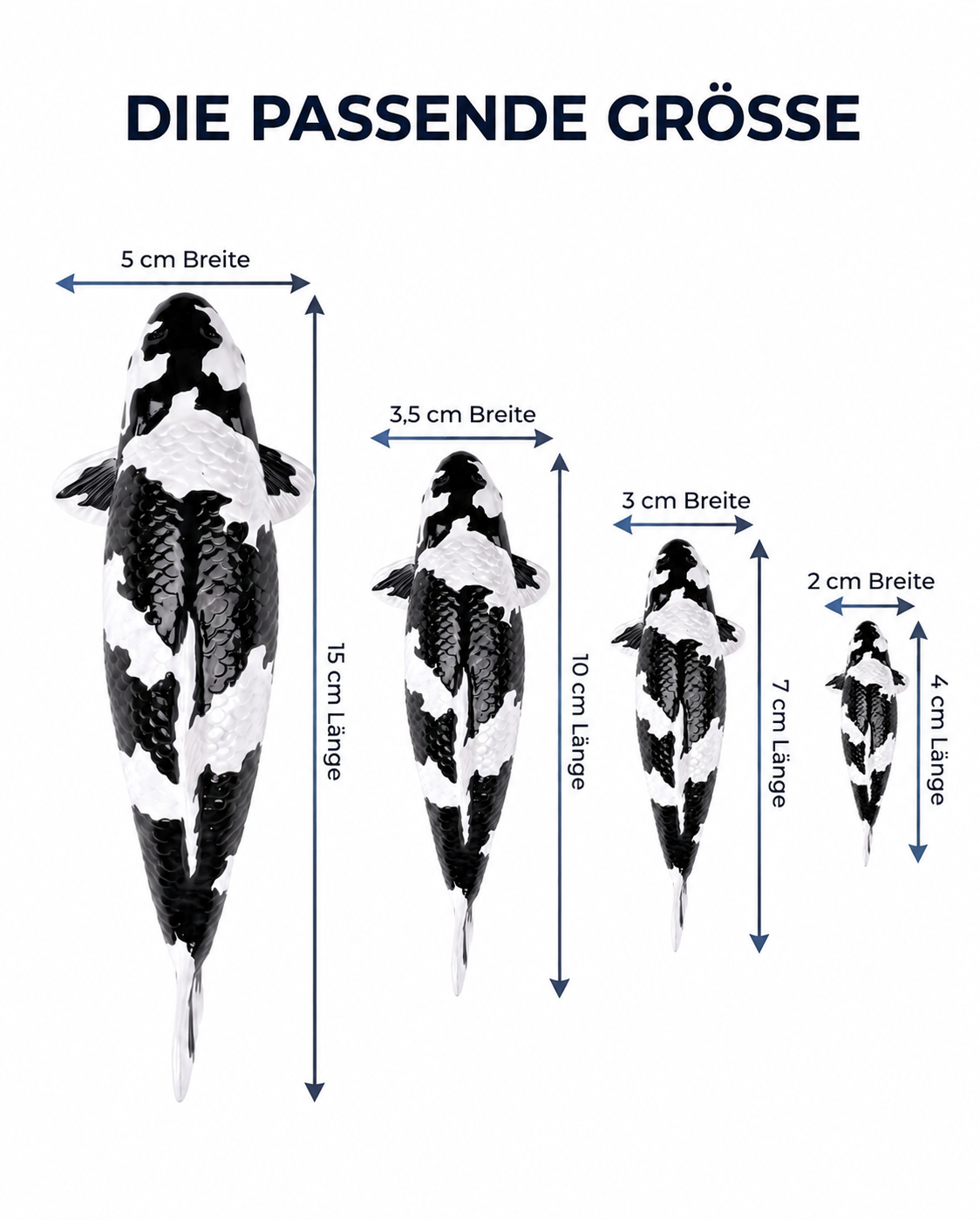 Größenübersicht der handbemalten Shiro Utsuri Koi-Fischfigur in 15 cm, 10 cm, 7 cm und 4 cm Länge mit jeweiliger Breite