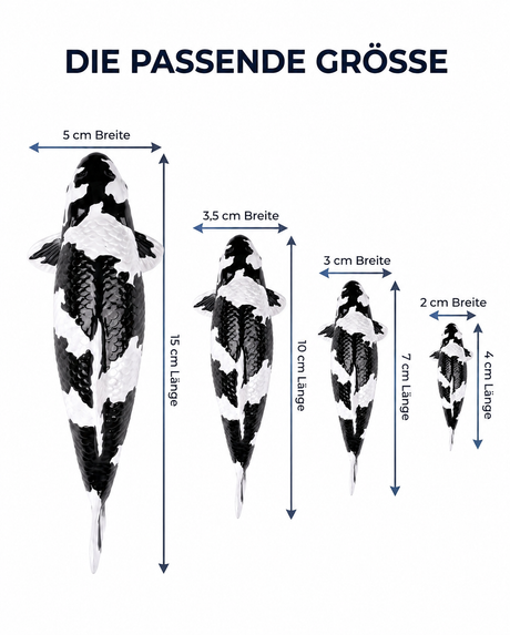 Größenübersicht der handbemalten Shiro Utsuri Koi-Fischfigur in 15 cm, 10 cm, 7 cm und 4 cm Länge mit jeweiliger Breite