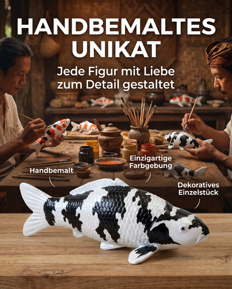 Handbemalte Shiro Utsuri Koi-Fischfigur in Schwarz und Weiß als einzigartiges dekoratives Unikat mit individueller Farbgebung
