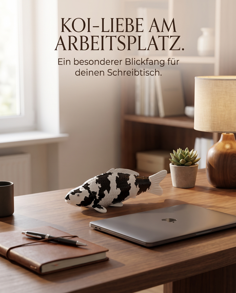Handbemalte Shiro Utsuri Koi-Fischfigur in Schwarz und Weiß als dekorativer Blickfang auf dem Schreibtisch