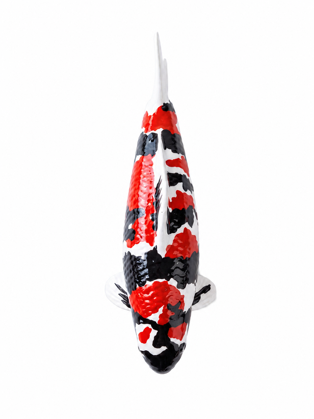 Handbemalte Showa Koi-Figur in Rot, Schwarz und Weiß – besondere Fischfigur als Japan-Deko für Wohnbereich, Regal, Terrasse oder Teichbereich