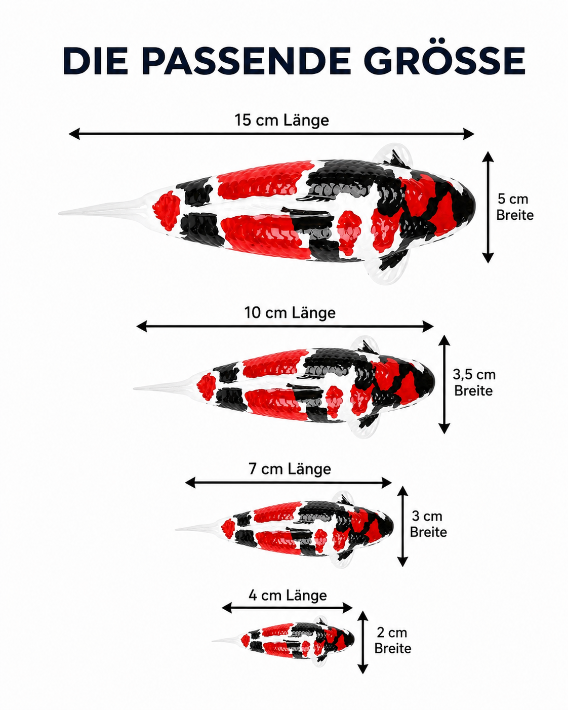Größenvergleich handbemalter Showa Koi-Figuren in 15 cm, 10 cm, 7 cm und 4 cm mit Länge und Breite – dekorative Fischfigur für Koi-Liebhaber