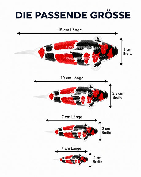 Größenvergleich handbemalter Showa Koi-Figuren in 15 cm, 10 cm, 7 cm und 4 cm mit Länge und Breite – dekorative Fischfigur für Koi-Liebhaber