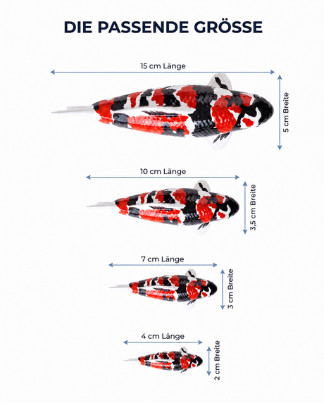 Größenvergleich einer handbemalten Showa Koi-Figur in 15 cm, 10 cm, 7 cm und 4 cm mit den jeweiligen Angaben zu Länge und Breite