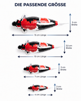 Größenvergleich handbemalter Showa Koi-Figuren in 15 cm, 10 cm, 7 cm und 4 cm – dekorative Fischfiguren für Wohnbereich, Garten oder Teichbereich