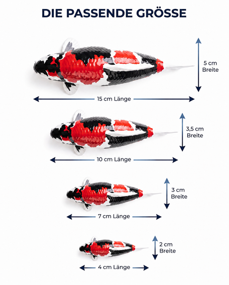 Größenvergleich handbemalter Showa Koi-Figuren in 15 cm, 10 cm, 7 cm und 4 cm – dekorative Fischfiguren für Wohnbereich, Garten oder Teichbereich
