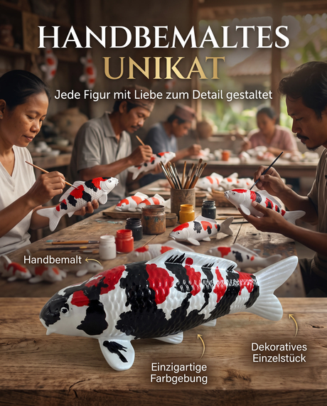 Handbemalte Showa Koi-Figur als einzigartiges dekoratives Einzelstück mit individueller Farbgebung – besondere Fischfigur und Japan-Deko für Koi-Liebhaber
