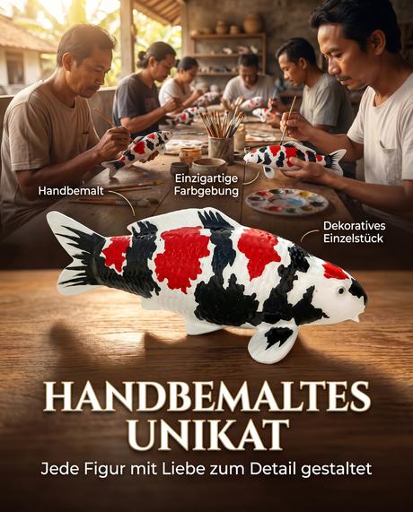 Handbemalte Showa Koi-Figur als einzigartiges dekoratives Unikat mit individueller Farbgebung – besondere Fischfigur für Koi-Liebhaber, Wohnbereich oder Teichbereich