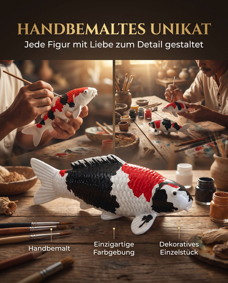Handbemalte Showa Koi-Figur als einzigartiges Unikat mit individueller Farbgebung – besondere Fischfigur und Japan-Deko für Wohnbereich, Garten oder Teichbereich