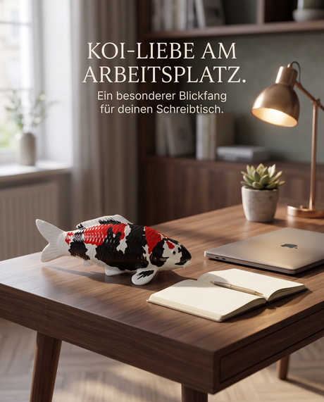 Handbemalte Showa Koi-Figur als besondere Schreibtisch-Deko am Arbeitsplatz – dekorative Karpfen-Figur für Büro, Wohnbereich oder Regal