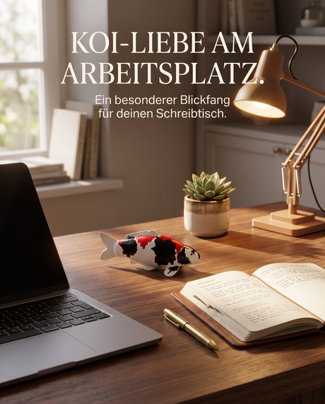 Handbemalte Showa Koi-Figur als besondere Schreibtisch-Deko und Blickfang am Arbeitsplatz – dekorative Fischfigur für Koi-Liebhaber
