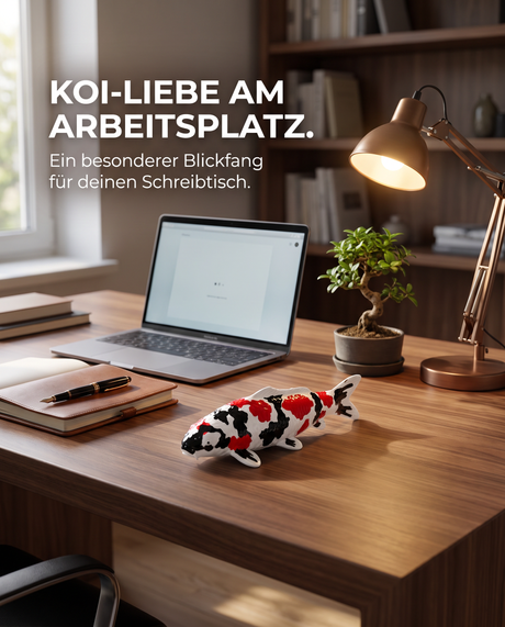 Handbemalte Showa Koi-Figur als dekorativer Blickfang für Schreibtisch und Arbeitsplatz – besondere Fischfigur für Wohnbereich, Büro oder Regal