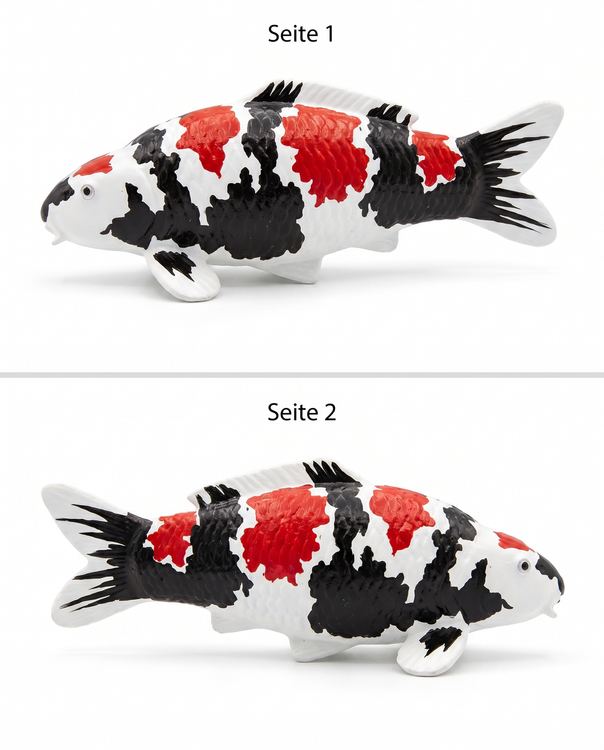 Handbemalte Showa Koi-Figur in zwei Seitenansichten mit rot-schwarz-weißer Zeichnung – dekorative Fischfigur als besonderes Unikat für Wohnbereich, Garten oder Teichbereich