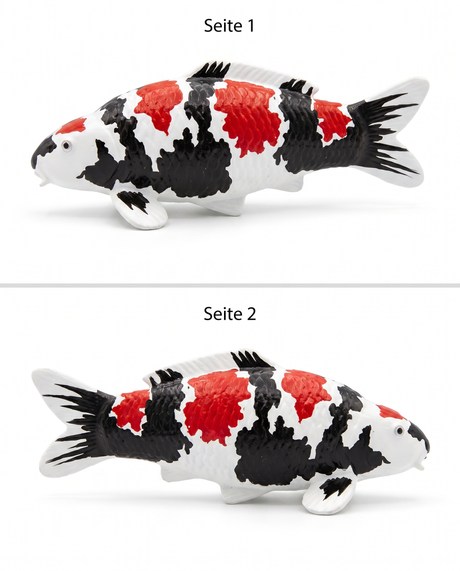 Handbemalte Showa Koi-Figur in zwei Seitenansichten mit rot-schwarz-weißer Zeichnung – dekorative Fischfigur als besonderes Unikat für Wohnbereich, Garten oder Teichbereich