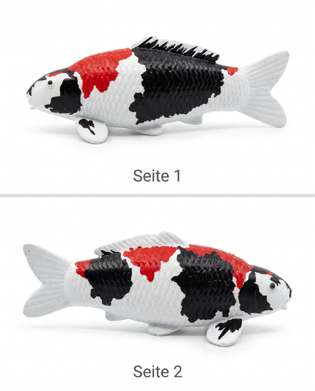 Handbemalte Showa Koi-Figur in zwei Seitenansichten mit rot-schwarz-weißer Zeichnung – dekorative Fischfigur als besonderes Unikat für Wohnbereich, Garten oder Teichbereich