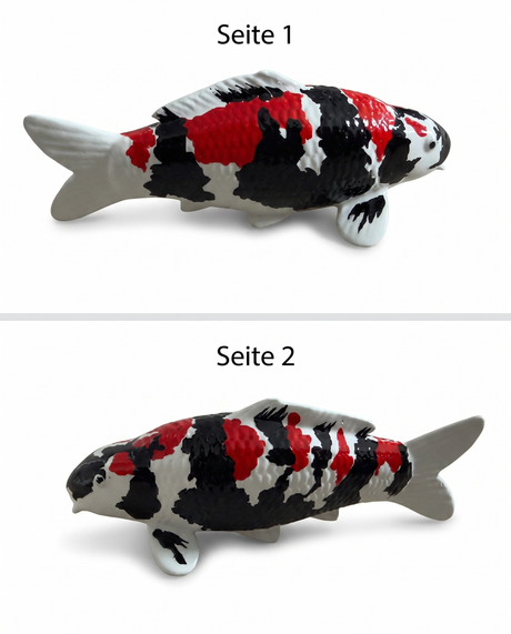 Handbemalte Showa Koi-Figur in zwei Seitenansichten mit rot-schwarz-weißer Farbgebung – besondere Karpfen-Figur und Japan-Deko für Wohnbereich, Regal, Garten oder Teichbereich