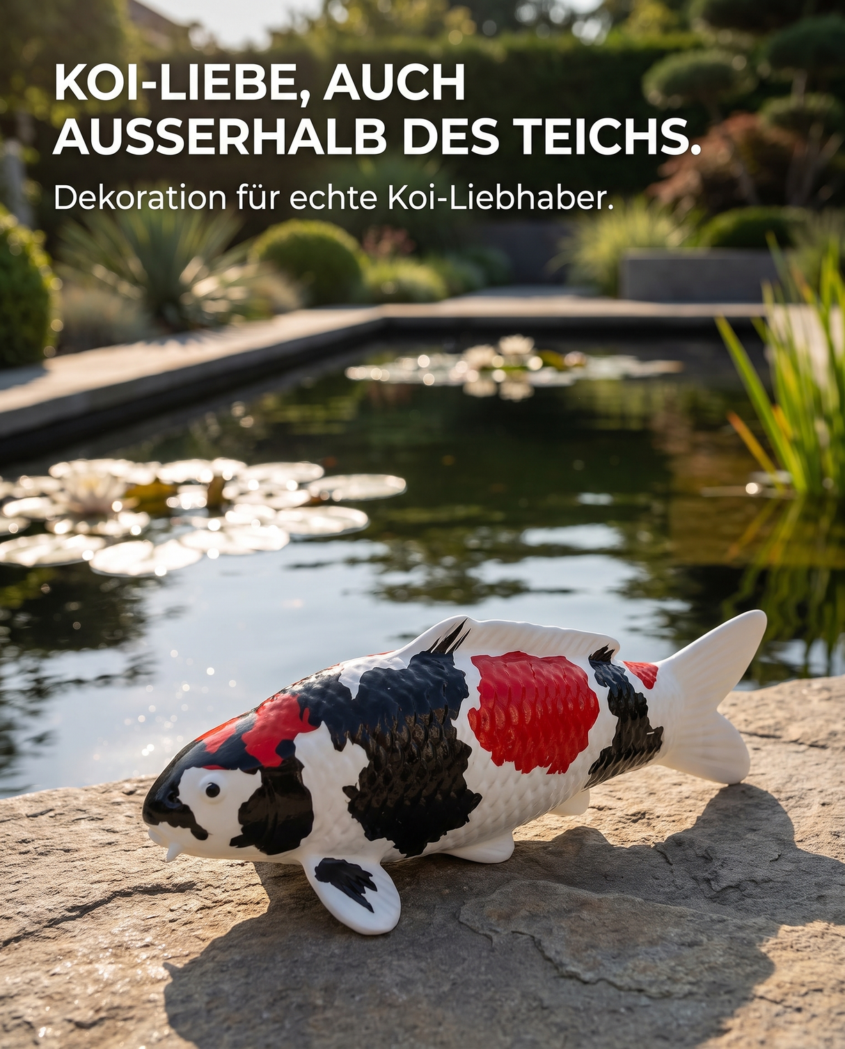 Handbemalte Showa Koi-Figur als besondere Deko am Teich – dekorative Karpfen-Figur für Garten, Terrasse und Teichbereich, ideal für Koi-Liebhaber