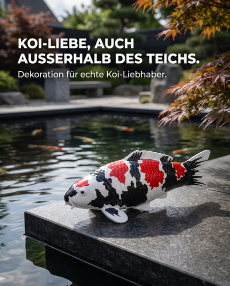 Handbemalte Showa Koi-Figur als besondere Japan-Deko für Koi-Liebhaber – dekorative Fischfigur für Garten, Terrasse und Teichbereich