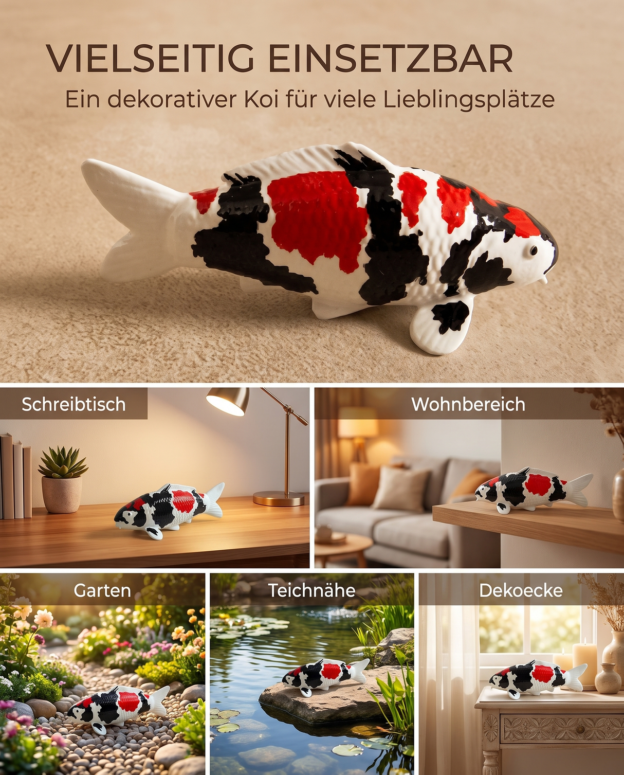 Handbemalte Showa Koi-Figur als vielseitige Deko für Schreibtisch, Wohnbereich, Garten, Teichnähe oder Dekoecke – besondere Karpfen-Figur für Koi-Liebhaber