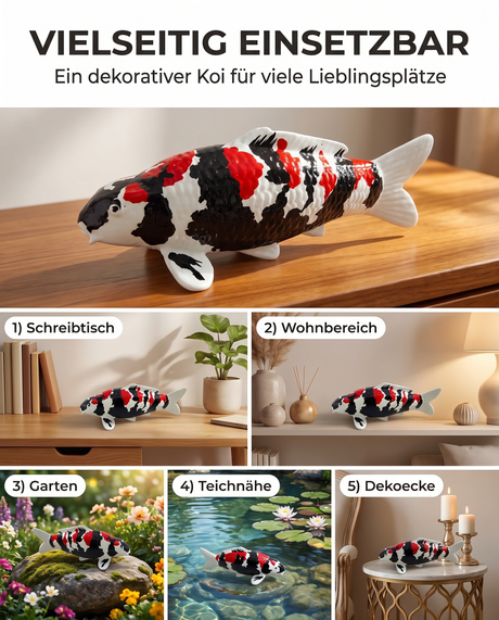 Handbemalte Showa Koi-Figur als besondere Deko für Schreibtisch, Wohnbereich, Garten, Teichnähe oder Dekoecke – dekorative Karpfen-Figur für Koi-Liebhaber