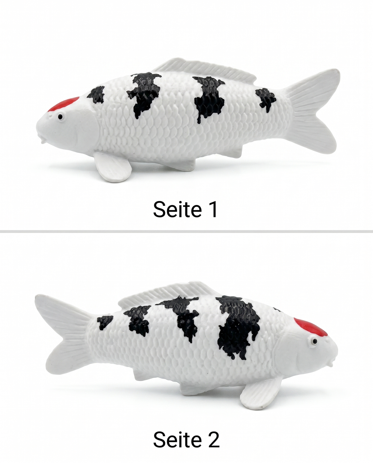 Handbemalte Tancho Sanke Koi-Figur von beiden Seiten mit weißer Grundfarbe, schwarzen Zeichnungen und rotem Kopffleck – dekorative Karpfen-Figur für Wohnbereich, Regal oder Teichnähe
