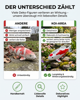 Vergleich einer einfachen Koi-Dekofigur mit einer detailreichen handbemalten Tancho Shusui Koi-Figur