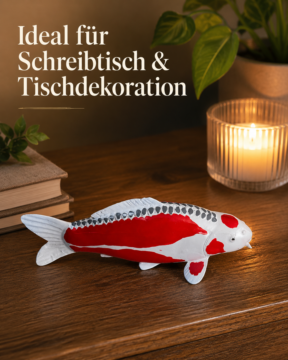 Tancho Shusui Koi-Figur als stilvolle Tisch- und Schreibtischdekoration im Wohnbereich
