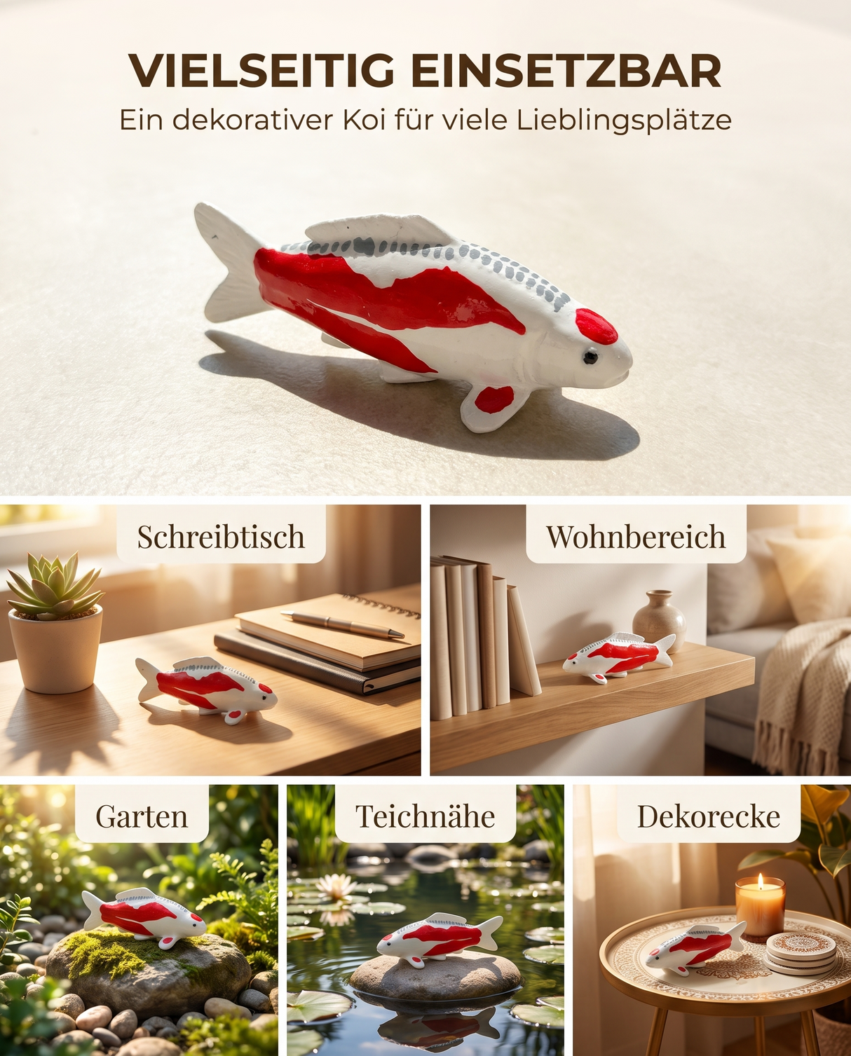 Handbemalte Tancho Shusui Koi-Figur als Dekoration für Wohnraum, Schreibtisch, Garten und Teichbereich